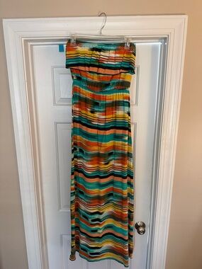 Trixxi Multicolor Strapless Maxi Dress - Teal, Orange, Yellow, Black